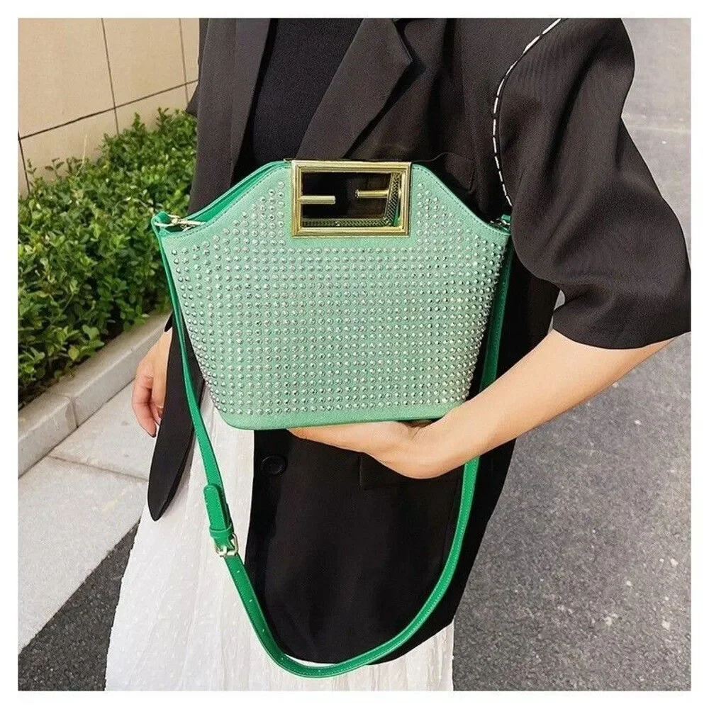 Women's Green  Top Handle Stone Studded Metal Handle Satchel Handbag